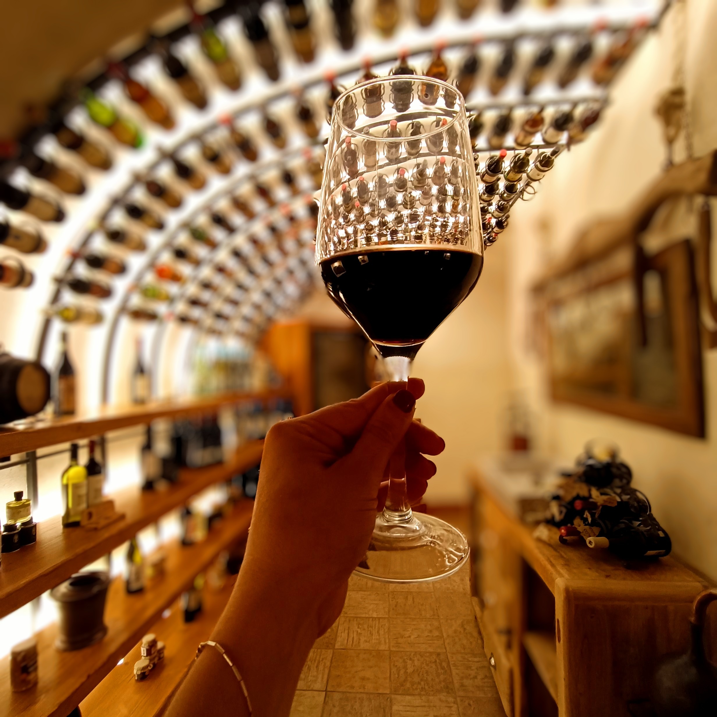 Mano que sostiene una copa llena de vino tinto